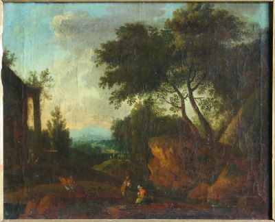 pictură de șevalet; Peisaj cu copaci și ruine antice ; pandant: Peisaj cu copaci și pod