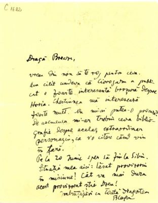 scrisoare - Blaga, Lucian; Blaga îi scrie lui Breazu despre provizoratul său la Legație și îi cere bibliografie despre Horea