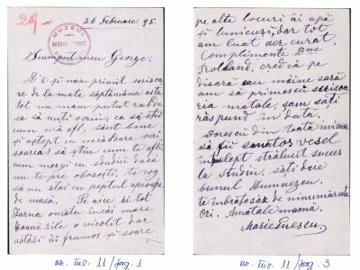 Maria Enescu; Scrisoare de trimisă de Maria Enescu fiului ei George Enescu, la Paris, unde urma Conservatorul