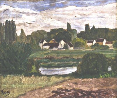 tablou - Pallady, Theodor; Peisaj de țară cu case și lac