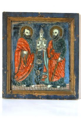 icoana pe sticlă - Ilie Poenaru; Sfinții Apostoli Petru și Pavel