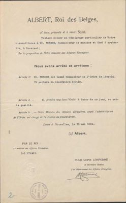 Ministerul Afacerilor Străine din Belgia; Brevet prin care Albert  regele Belgiei îl numește pe maestrul George Enescu membru al Ordinului „Leopold” în grad de Comandor