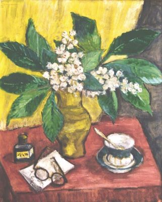 tablou - Pallady, Theodor; Natură moartă cu flori de castan, ceașcă și ochelari