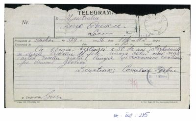 Camelia Șerbu; Telegramă de felicitare trimisă maestrului George Enescu de Camelia Șerbu, directoarea Liceului de Fete din Dorohoi