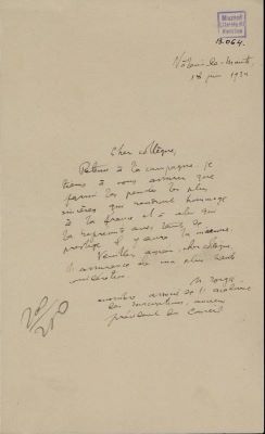 corespondență - Scrisoarea a fost redactată de Nicolae Iorga; Scrisoare datată „18 iunie 1934, Vălenii de Munte“, adresată de Nicolae Iorga lui Jean Louis Barthou