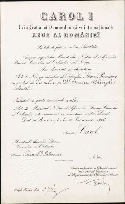 Ministerul Afacerilor Străine, Cancelaria Ordinelor; Brevet semnat de regele Carol I de numire a maestrului George Enescu ca membru al Ordinului „Steaua României” în grad de Cavaler