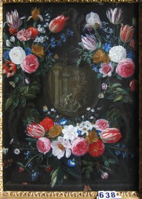 pictură de șevalet - Kessel, Jan van cel Bătrîn; Cunună de flori cu Nașterea lui Isus  (în registrul inventar: Nașterea Domnului și o cunună de flori)