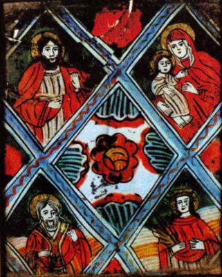 icoană pe sticlă; Iisus, Madona și Sfânta Paraschiva (Masa Raiului)