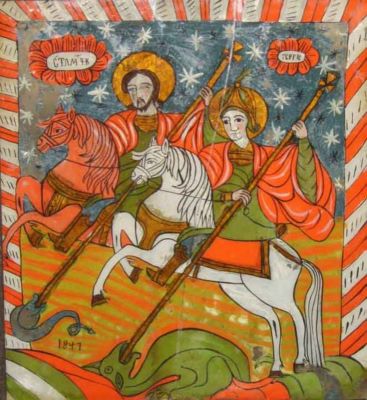 icoană pe sticlă - Moga, Savu; Sfântul Gheorghe și Sfântul Teodor Tiron