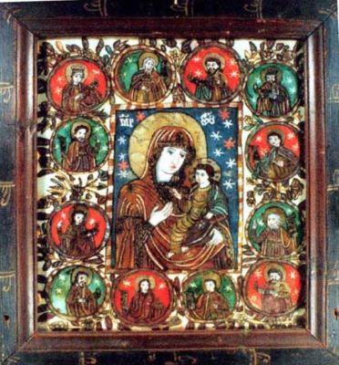 icoană pe sticlă - Kostea, Ilie; Maica cu Pruncul cu Apostolii