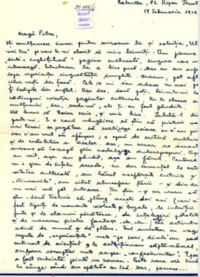 scrisoare - Eliade, Mircea; Informații despre viața de bursier a lui Mircea Eliade în India (1929-1932)