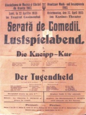 Tipografia E. Desits; Afiș pentru Serata de comedii: „Die Kneipp-Kur” și „Der Tungendheld”