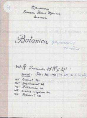 manuscris; Botanica poporană română vol. IV, fascicola 10, specii: Scaiul, Anghinariul, Schaiul măgăresc, Mărinul