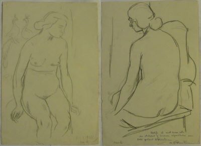 desen - Dimitrescu, Ștefan; Nud cu spatele (Nud de femeie așezată); Verso: Schiță de nud de femeie