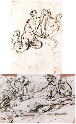 desen - Spadaro, Micco; Tritoni cu o stemă (față); Venus dormind surprinsă de un satir (verso)