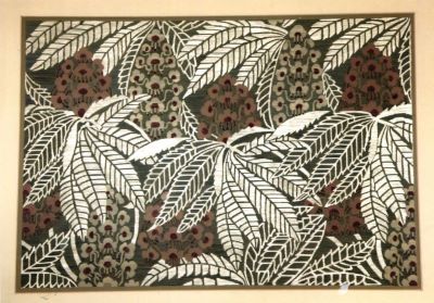grafică - Beller, Lucia; motive de flori și frunze de castan stilizate