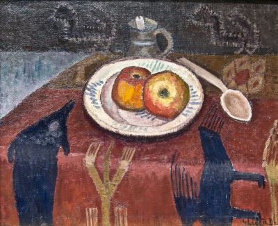 pictură de șevalet - Ghiață, Dumitru; Farfurie cu mere și lingură de lemn
