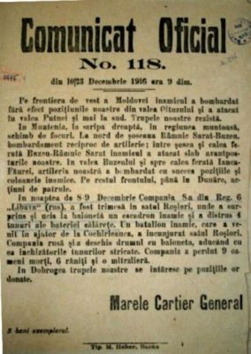 foaie volantă - Marele Cartier General; Comunicat Oficial No. 118, din 10/23 Decembrie 1916