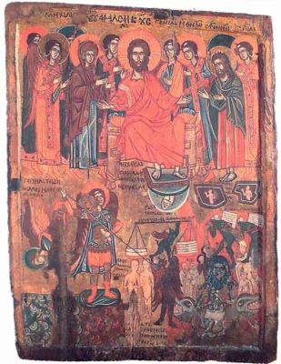 icoană - Damaschin - zugrav; Maica Domnului cu Pruncul și Judecata de Apoi