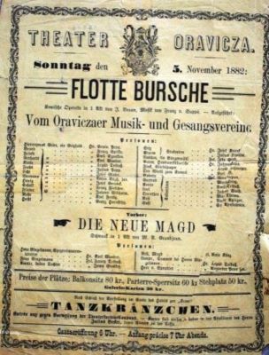 Tipografia Karl Wunder; Afiș pentru spectacolul de operetă „Flotte bursche” și „Die Neue Magd”