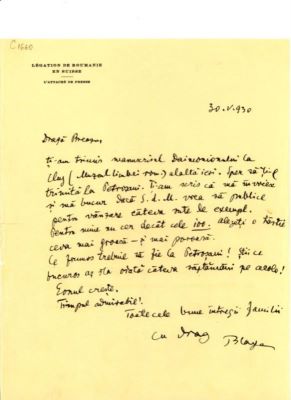 scrisoare - Blaga, Lucian; Blaga îi scrie lui Breazu că i-a trimis manuscrisul la „Daimonion” la Cluj, la Muzeul Limbii Române