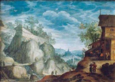pictură - Bril, Paul; Peisaj muntos cu cârciumă