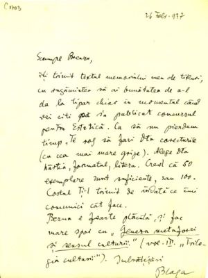 scrisoare - Blaga, Lucian; Blaga îi trimite lui Breazu „memoriul” cu titlurile de lucrări pentru concursul la catedra de Estetică și îi scrie despre munca la vol. III din 