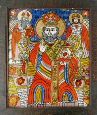 icoană pe sticlă; Sfântul Ierarh Nicolae (variantă a icoanei Sfânții Trei Ierarhi)