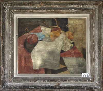 pictură de șevalet - Miracovici, Paul; Natură moartă cu ștergar și cepe. Verso: schiță pe fundal albastru ceruleum