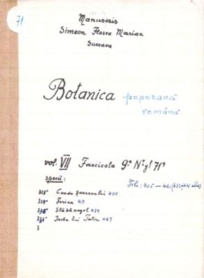 manuscris - Marian, Simion Florea; Botanică poporană: vol. VII, fascicola 9: specii: Coada șoarecului, Ferica, Slăbănogul, Iarba lui Tatin