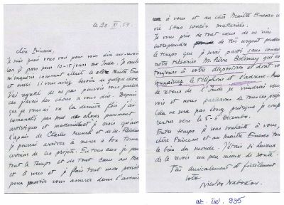 Nicolas Nabokov; Scrisoare trimisă de Nicolas Nabokov către Maria Cantacuzino Enescu