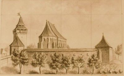 acuarelă - Orbán Balázs; Biserica fortificată din Dârjiu