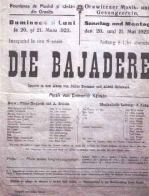 Tipografia Iosif Kaden; Afiș pentru spectacolul de operetă „Die Bajadere” pe muzica lui Emmerich Kalman