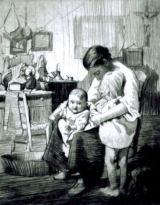 gravură - Lee-Henkley, William; Femeie cu doi copii