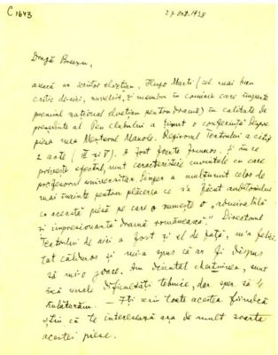 scrisoare - Blaga, Lucian; Blaga îi scrie lui Breazu despre posibilitatea ca „Meșterul Manole” să fie jucată în Berna și îi roagă să-i trimită rev. literare din țară