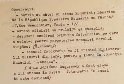 scrisoare - Pompiliu Macovei; Adresă oficială cu nr. 10.174/13 martie 1959, trimisă de către Pompiliu Macovei, consilier al Legației Republicii Populare Române în Franța, doamnei Adriénne Duquesnoy, fostă elevă a lui George Enescu