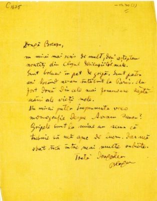 scrisoare - Blaga, Lucian; Blaga îi scrie lui Breazu despre amintirile întâlnirii lor la Paris în 1926; Blaga spune „aștept noutăți din Clujul deziluziilor mele”
