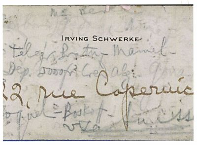 Irving Schwerke; Carte de vizită aparținând lui Irving Schwerke cu însemnări făcute de George Enescu