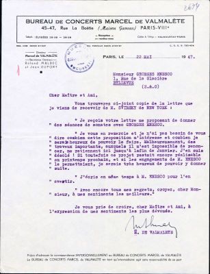 Marcel de Valmalète; Scrisoare adresată compozitorului George Enescu de către Marcel de Valmalète, directorul Biroului de Concerte „Marcel de Valmalète‟, Paris, 22 mai 1947