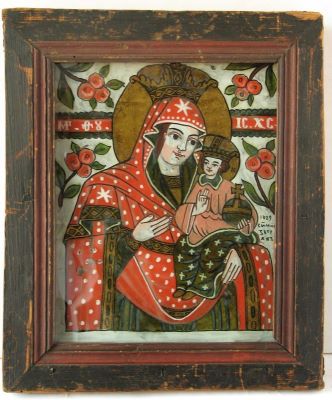 icoana pe sticla - Simion Zugravu din Laz; Maica Domnului cu Pruncul Iisus Hristos în brațe