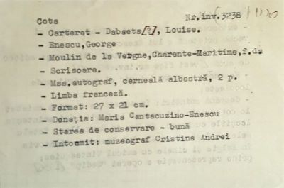 Louise Carteret-Debaets; Scrisoare adresată lui George Enescu de către Louise Carteret-Debaets, văduvă, fostă elevă și veche prietenă a compozitorului, Moulin de la Vergne, Charente Maritime (Franța), nedatată