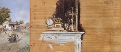 pictură de șevalet - Aman, Theodor; Peisaj de țară. Verso: Natură moartă cu ceas