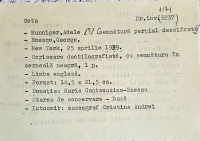 Münniger, Adele; Scrisoare adresată compozitorului George Enescu de către Adele Münniger, din partea Societății „Willmore and Powers‟, New York, 25 aprilie 1939