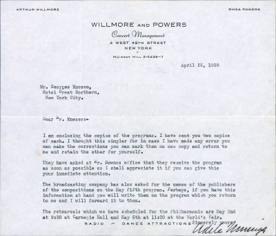 Münniger, Adele; Scrisoare adresată compozitorului George Enescu de către Adele Münniger, din partea Societății „Willmore and Powers‟, New York, 25 aprilie 1939