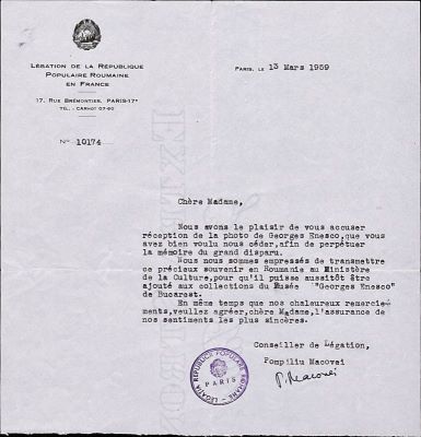 scrisoare - Pompiliu Macovei; Adresă oficială cu nr. 10.174/13 martie 1959, trimisă de către Pompiliu Macovei, consilier al Legației Republicii Populare Române în Franța, doamnei Adriénne Duquesnoy, fostă elevă a lui George Enescu