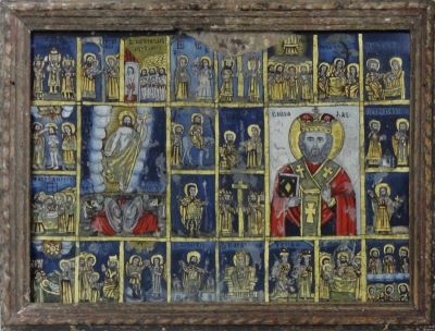icoană - Poienaru, Partenie; Învierea lui Iisus și Sf. Nicolae, cu 24 scene de praznic