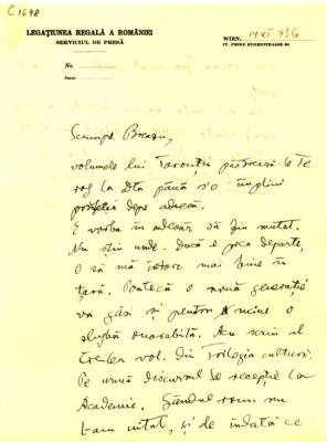 scrisoare - Blaga, Lucian; Blaga îi scrie lui Breazu despre posibila mutare a sa și despre munca la volumul al treilea din „Trilogia culturii”