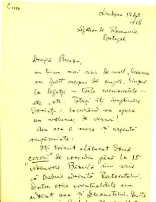 scrisoare - Blaga, Lucian; Blaga îi scrie lui Breazu despre „un volumaș de versuri” care va apare în curând și îl roagă să-i rezolve diverse probleme la Universitate