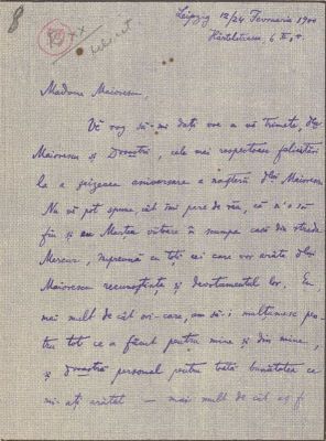 corespondență - Scrisoarea a fost redactată de Ion A. Rădulescu.; Scrisoare datată „12/24 februarie 1900, Leipzig“, adresată de Ion A. Rădulescu, Annei Maiorescu