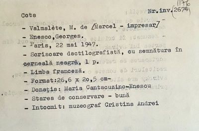 Marcel de Valmalète; Scrisoare adresată compozitorului George Enescu de către Marcel de Valmalète, directorul Biroului de Concerte „Marcel de Valmalète‟, Paris, 22 mai 1947